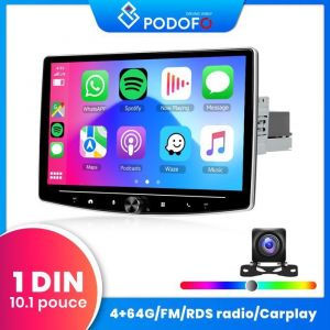 Podofo Autoradio Android 13.0 1Din 10.1 » Ecran pivotant 360° avec Carplay GPS Bluetooth WIFI GPS FM Radio Mirror link