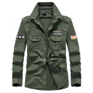 Chemise Militaire Homme en Coton Manches Longues Chemise Multi-poches Couleur Unie Tissu Confortable - Vert