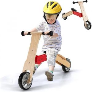 GOPLUS Trotinette en Bois 2 en 1,Vélo d’Équilibre avec 2 Roues Silencieuses,Vélo sans Pédale pour Enfant 3+Ans,Charge de 50KG,Rouge