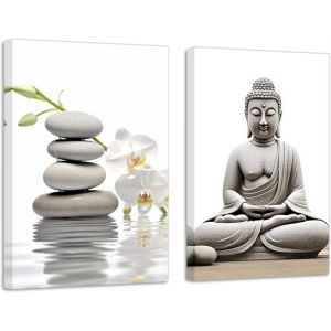 Impression sur M&eacute;ditation Bouddha Statue  Art Moderne D&eacute;coration Murale Salon Orchid&eacute;e Lac Zen Pierres 30x40cm cadres int&eacute;rieurs