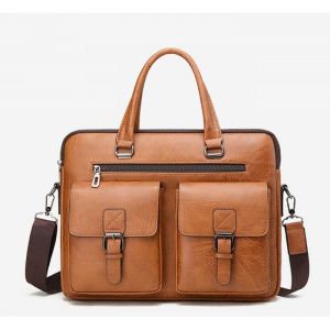 Sac en Cuir Cartable Ordinateur Portable Bandoulière Marron Vintage Serviette Sac Porté Epaule Messenger Sacoche Travail business