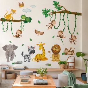 Stickers Muraux Animaux De La Jungle Arbre Autocollants Muraux Mural Stickers Singe Lion Z&egrave;bre Pour Chambre Enfants B&eacute;b&eacute; P&eacute;pini&egrave;re