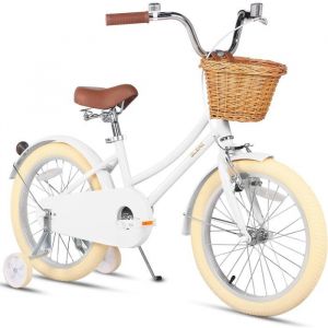 Glerc V&eacute;lo pour enfants 18 pouces v&eacute;lo r&eacute;tro pour filles de 5 &agrave; 9 ans v&eacute;lo pour enfants avec panier en osier et b&eacute;quille blanc