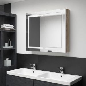 4596NEW Pro&reg; Armoire de salle de bain &agrave; miroir LEDArmoire murale de Toilettes SuspendueMeuble haut salle de bain Blanc et ch&ecirc;ne 80