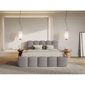Lit coffre avec t&ecirc;te de lit - CLOUDY II - 160x200 cm - en bouclette taupe