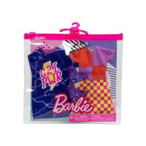 Coffret 2 Habits Barbie : Robe Bleu + Jupe A Carreaux Jaune Et Rose Et Bottes - Tenue De Ville - Vêtement Poupée