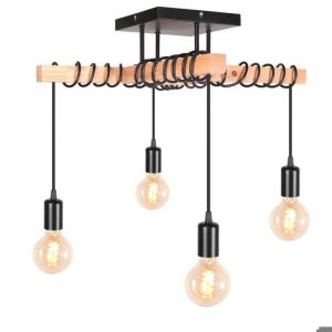 iDEGU Lustre Industriel 4 Lampes Suspension Luminaire Vintage en M&eacute;tal et Bois E27 &Eacute;clairage de Plafond R&eacute;tro Noir R&eacute;glable Retro