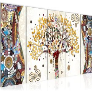 Tableau D&eacute;coration Murale 200x80 cm Runa art 004655a WTD Mantiburi Gustav Klimt - 5 Panneaux Deco Toile Pr&ecirc;t &agrave; Accrocher - Beige