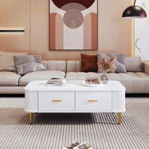 Table basse - Blanc - Moderne - Coins arrondis - Tiroirs spacieux - Pieds dorés