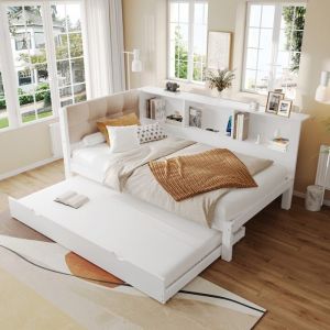 Canapé-lit 90x200cm avec lit gigogne 90x190 avec bande lumineuse LED à intensité variable avec étagère pratique port USB blanc