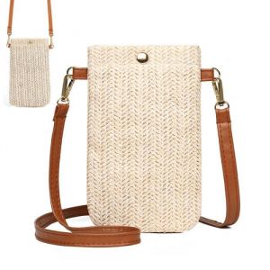 Sac à Bandoulière - Femme - Sac Téléphone Portable - Tissage de Paille - Couleur Beige - Décontracté