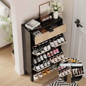 Meuble &agrave; Chaussures - PROMIRACAL - Commode &agrave; Chaussures - 2 Portes - 1 Tiroir - Noir - 61x105x24cm