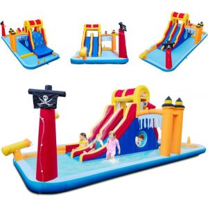 DREAMADE Ch&acirc;teau Gonflable 6 en 1 avec Double Toboggan Mur dEscalade Grotte Canon &agrave; Eau Jeu de Lancer dAnneaux Humide/Sec