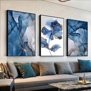 Lot de 3 tableaux muraux sur toile- Géométrie abstraite - Marbre - Sans cadre - Décoration dintérieur - Gris or bleu50x70cm