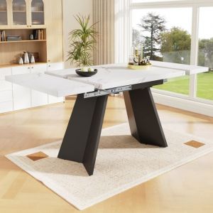 Table &agrave; manger t&eacute;lescopique 99-159&times;74cm(1pi&egrave;ce) - plateau de table surface en marbre avec ieds de table plats - en MDF - blanc