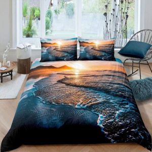 Housse de Couette Coucher de Soleil Jaune Montagne Bleu mer Paysage220x240cm Ensemble de literie Housse de Couette Taie doreiller