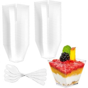 50 pi&egrave;ces gobelets &agrave; dessert avec cuill&egrave;res plastique verrines r&eacute;utilisables transparents Carr&eacute;s pour pudding Multicolore VERRINE