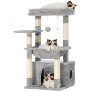 Arbre &agrave; chat grand panier matou bois lit spacieux couchette cach&eacute;e balle peluche gris clair accessoire confortable moderne