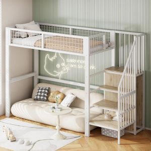 M&eacute;tal Lit Mezzanine 90 x 200 cm avec Garde-Robe Multifonctionnel Lit Mezzanine 1 Place avec Escalier Blanc (sans Matelas)
