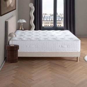 Ensemble de literie - DODO - Matelas mi-ferme 140x190 cm - Sommier à lattes - Tête de lit Beige