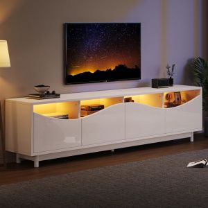 Meuble TVArmoire TV éclairage LED blanc haute brillance au design incurvé porte darmoire en verre trempé