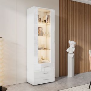 Vitrine blanche haute brillance vitrine vitrine de verre vitrine avec &eacute;clairage LED vitrine verticale avec 3 tiroirs 60 * 35 *