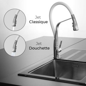 Robinetterie Cuisine Angel mitigeur &eacute;vier &agrave; douchette mobile chrom&eacute;e avec flexible blanc Essebagno