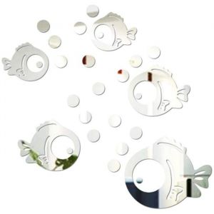 Sticker Mural Acrylique 3D Poisson et Bulles Autocollants Miroir pour Chambre Salon Salle de Bain d&eacute;coration Argent Label