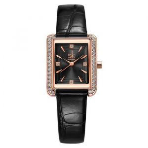 Montre femme pas cher bracelet cuir rectangulaire strass &eacute;tanche bracelet cuir quartz luxe marque noire