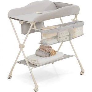 GOPLUS Table à Langer Pliable pour Bébé 0-6 MoisRéglable en Hauteur avec Bassin dEau et Roues Équipée de Frein Gris