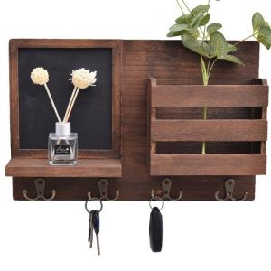 Porte Cl&eacute;s Mural - ZGEER - Boite &agrave; Clefs avec &Eacute;tag&egrave;re - Bois Massif - Marron - Int&eacute;rieur