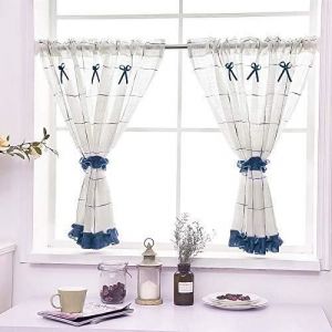 Hongya 1pcs rideaux brise bise en lin bleu fenetre de cuisine chambre nœud papillon avec embrasses -L-H 130 x 120 cm