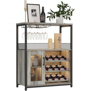Meuble Bar &Agrave; Vin &Agrave; 3 Niveaux Avec LED Casier &Agrave; Vin Avec Porte-Verres Et Porte Grillag&eacute;e 12 Bouteilles 70x35x93 cm - Gris