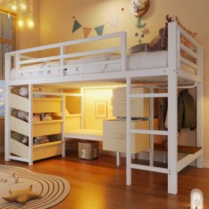 Lit mezzanine enfant 90&times;200 cm Lit mi-hauteur m&eacute;tal avec &eacute;clairage LED 6 tiroirs en tissu penderie et sommier &agrave; lattes - blanc
