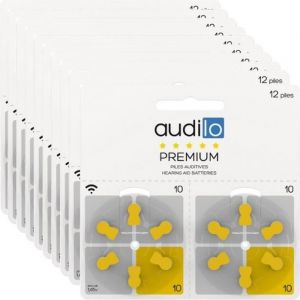 Piles auditives Audilo Premium - Taille 10 (PR70) - Un lot de 120 piles auditives/ 10 plaquettes / Zinc Air/ 0% Mercure