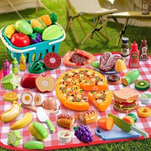 Cuisine Enfant Ensemble67Pcs Dinette Nourriture Accessoire Ustensile Avec Panier De RangementFruits Et Légumes Jouet À CouperJe