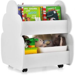 COSTWAY Bibliothèque Enfants à Roulettes 2 Niveaux 62 x 47 x 635 CM Rangement Pour Jouets Blanc