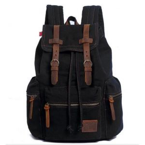 Sac à dos en cuir vintage et toile - Patchwork - Noir - Adulte - Mixte