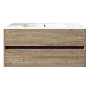 Meuble de salle de bain suspendu 100cm DOUBLE EDGE bois clair - Vasque en céramique