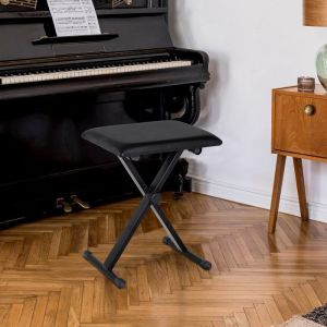 Tabouret Piano R&eacute;glable 39x29x37-47cm-Structure M&eacute;tal et Similicuir-Noir Pliable et Design-Hauteur Ajustable Pratique