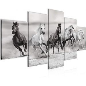 Tableau D&eacute;coration Murale 200x100 cm Runa art 014151c Chevaux - 5 Panneaux Deco Toile Pr&ecirc;t &agrave; Accrocher - Gris