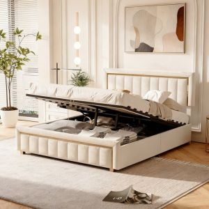 Lit coffre 160 x 200cm Lit adulte lit capitonn&eacute; avec t&ecirc;te de lit tissu en velours cadre de lit avec levier hydraulique beige