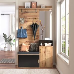 Ensemble vestiaire - Vestiaire 4 pièces avec miroir et banc - Tringles et tablette vestiaire mural - Beige et noir - 104*35.5*190