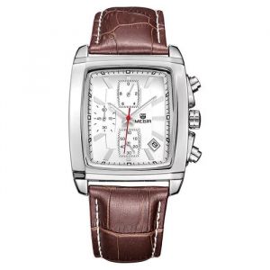 Montre Homme MEGIR Casual Carrée en Cuir Marron avec Chronographe et Affichage Analogique