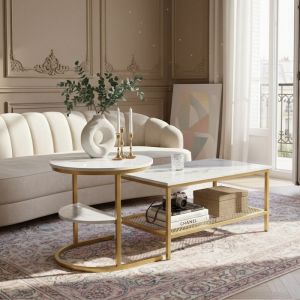 Lot de 2 Tables Basses Salon - Plateau Effet Marbre Blanc et Pieds Dor&eacute;s - Table de Salon Moderne - Rond et Rectangle