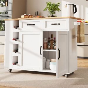 Desserte Cuisine avec Rangement Desserte à Roulettes avec Prise électrique et Plan de TravailTable Bar Porte-BouteilleBois Blanc