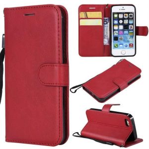 Housse Étui pour Apple iPhone 5 5S SE 4.0 PU Cuir et Silicone Couleur Unie Portefeuille Magnétique Support Dragonne -Rouge