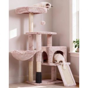 Arbre &agrave; chat robuste nettoyage automatique peluche polie bac &agrave; liti&egrave;re avec panneaux et griffoir marronbeige.