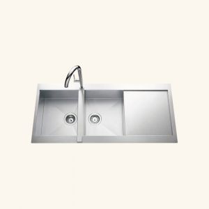 &Eacute;vier inox lisse RIKAS 2 bacs 1 &eacute;gouttoir