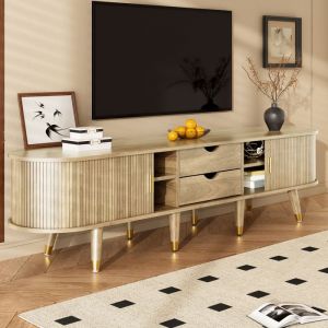 Meuble TV Bas - 175 cm - Rotin et Bois Effet Oak - Porte Coulissante - Buffet T&eacute;l&eacute;vision - Style Rustique
